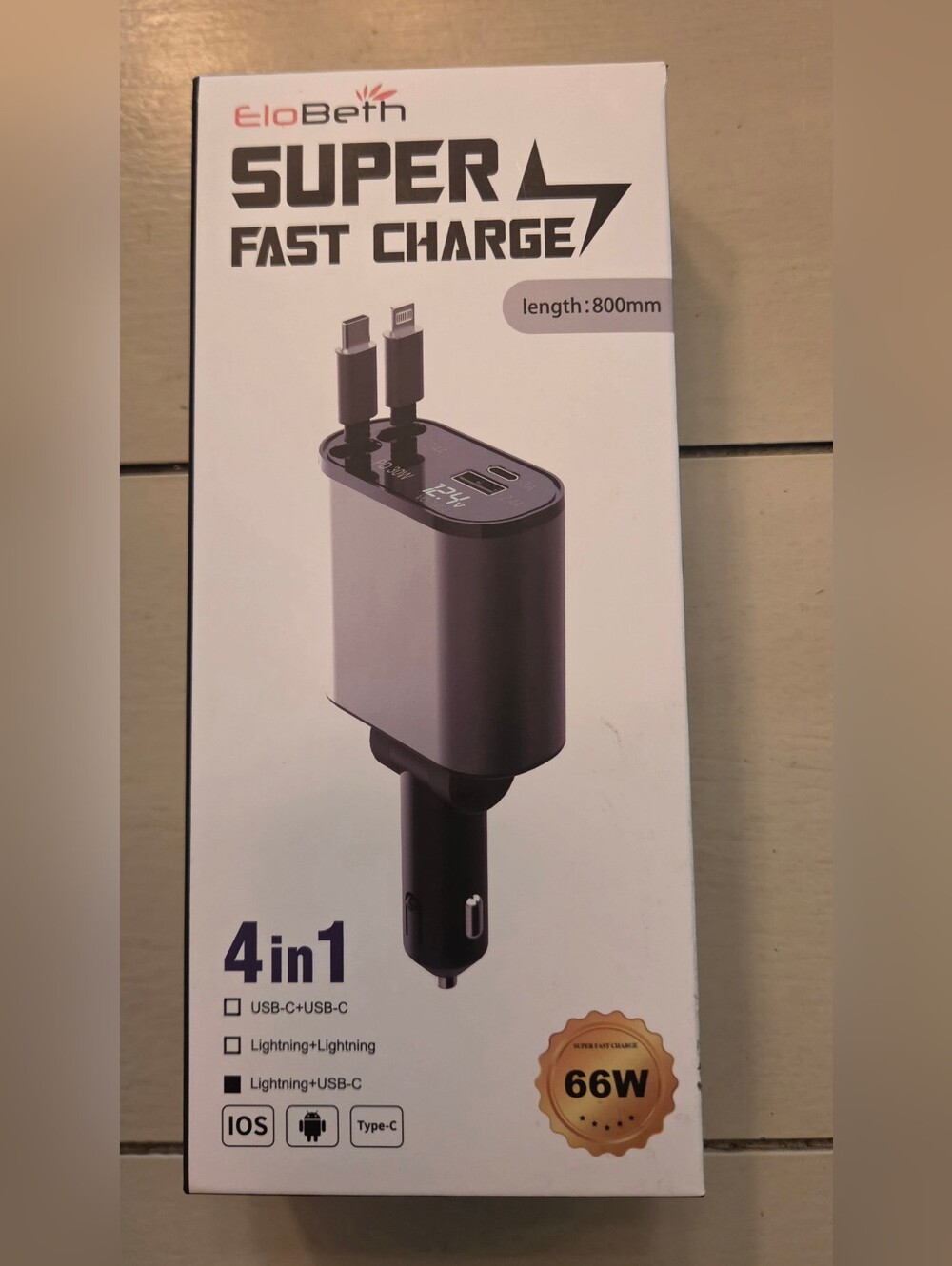 Elobeth - 4 In 1 - Super Fast Car Charger - 2 Plugs (USB-C/USB-A) - 2 Retractabl